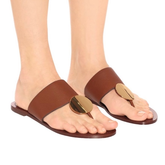 Tory Burch Patos DisK Flat Sandal Slip On Thong Leather Brown Goldtone Open Toe - Picture 2 of 12